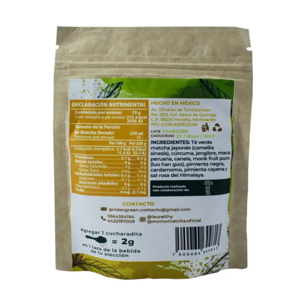 Matcha Dorado Laurelthy ingredientes 100% puros 70 g. - Image 2