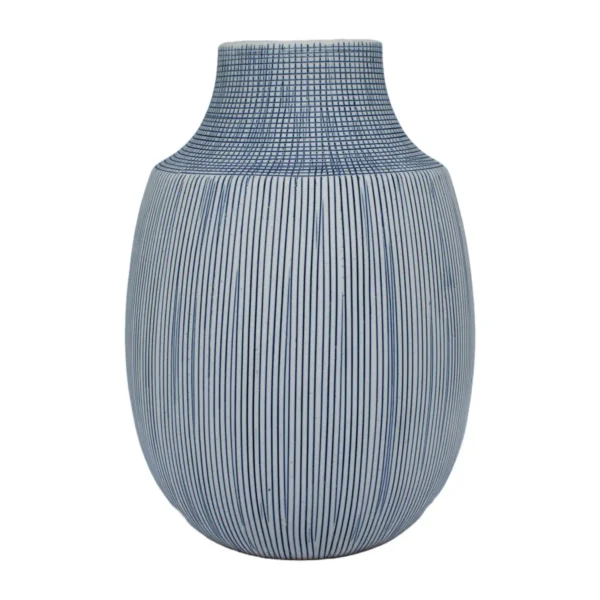 Jarrón Blanco Con Diseño A Rallas Azul Zilá Home Decor